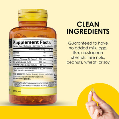 Close up view of the Mason Natural premium evening primrose oil softgels for women's hormonal health.