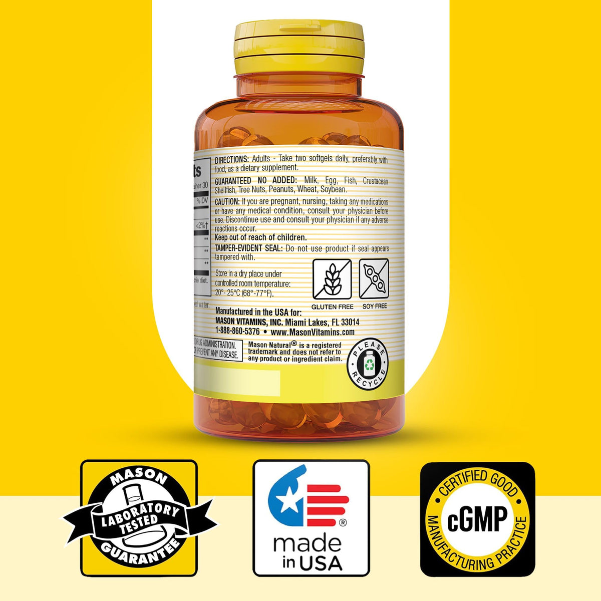 Mason Natural Evening Primrose Oil cold pressed seed extract packaging highlighting USA manufacturing details.