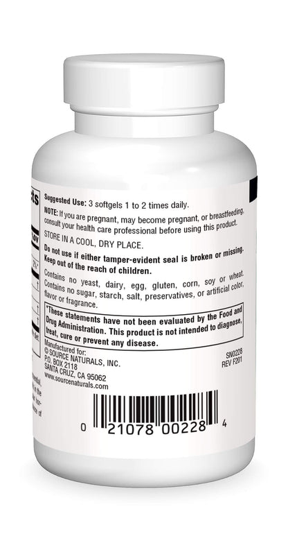 Source Naturals Evening Primrose Oil dietary supplement nutrition facts label detailing GLA yield