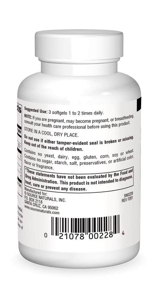 Source Naturals Evening Primrose Oil dietary supplement nutrition facts label detailing GLA yield