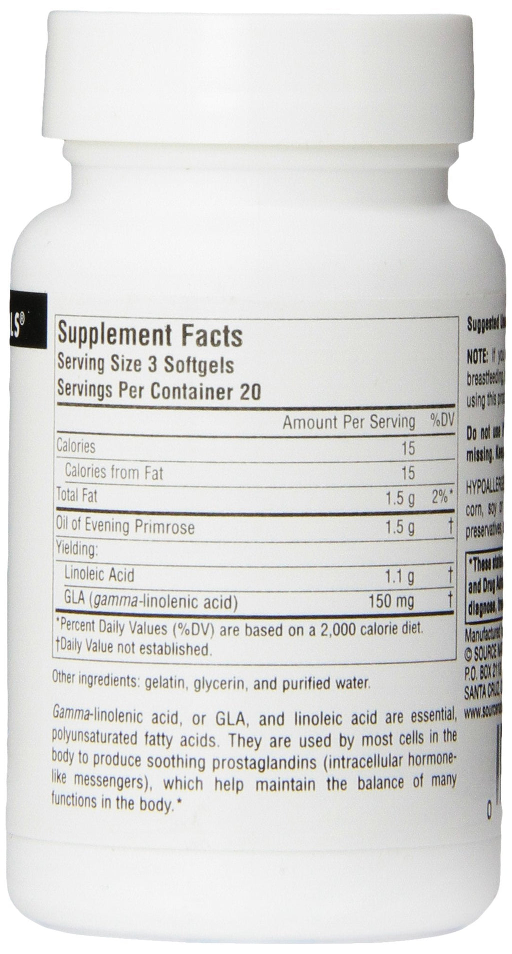 Source Naturals evening primrose supplement bottle displaying product benefits and certifications