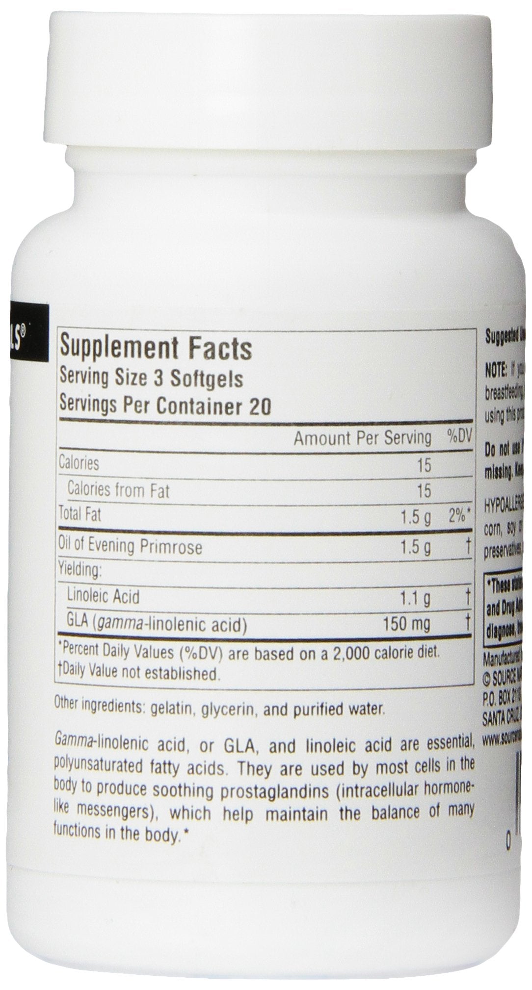 Source Naturals evening primrose supplement bottle displaying product benefits and certifications