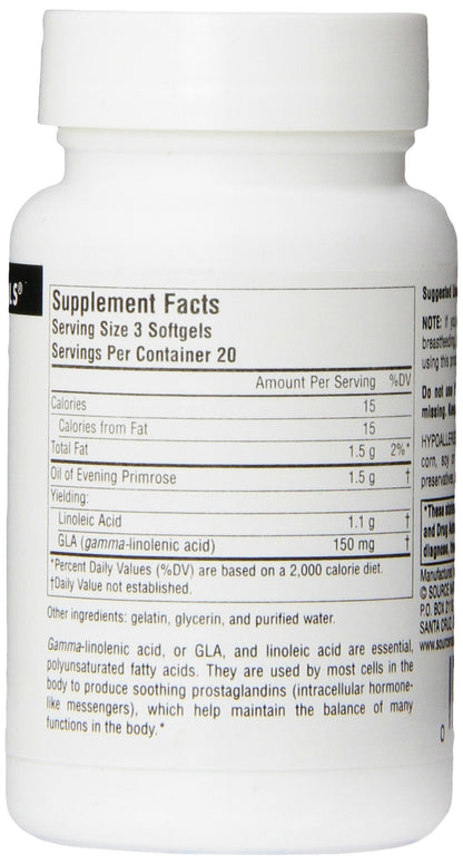 Source Naturals evening primrose supplement bottle displaying product benefits and certifications