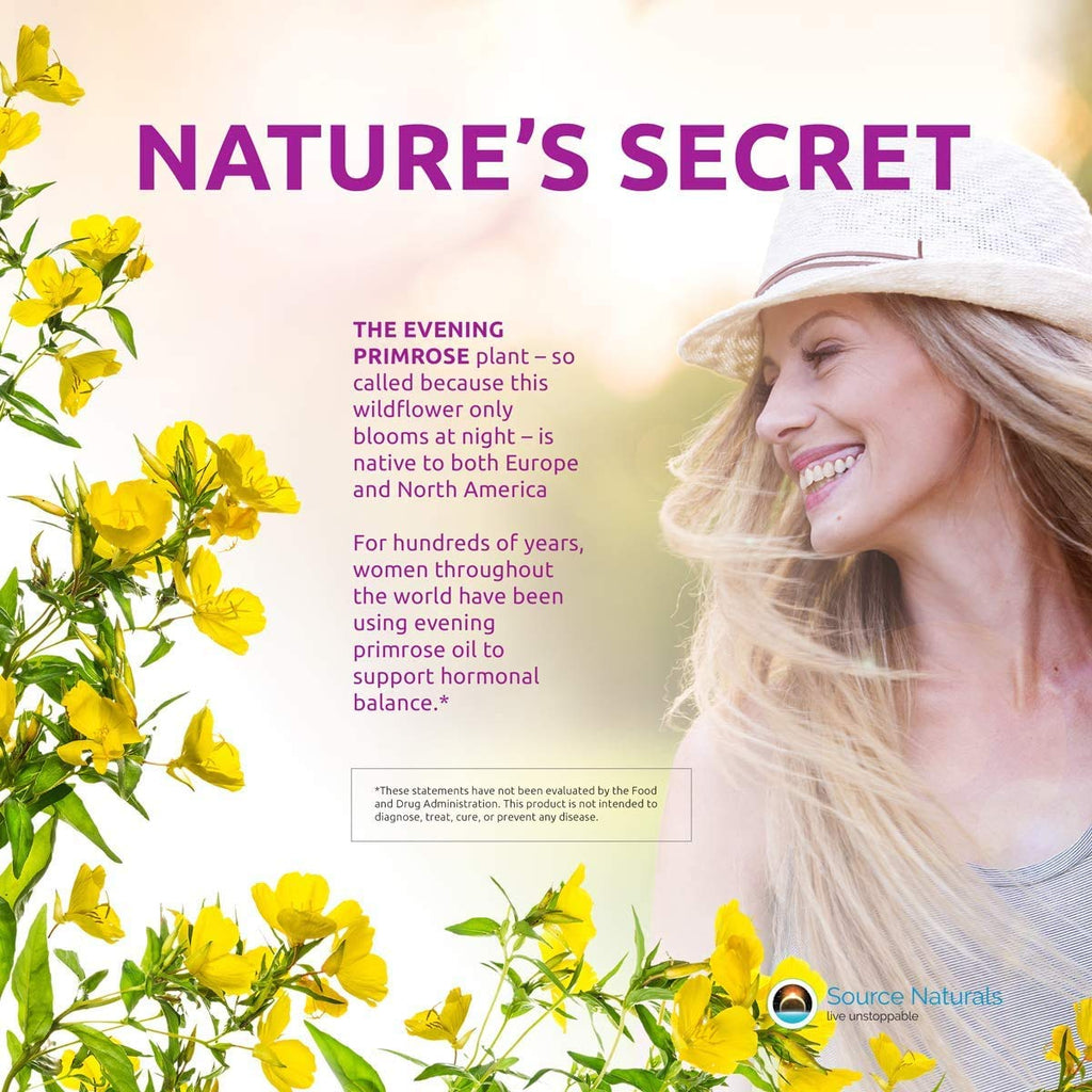 Side view of Source Naturals evening primrose oil bottle showing full ingredients list