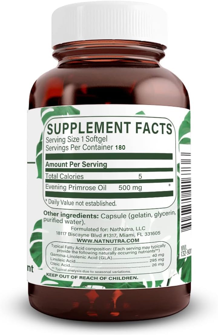 Natural Nutra cold pressed evening primrose oil capsule details and supplement facts label