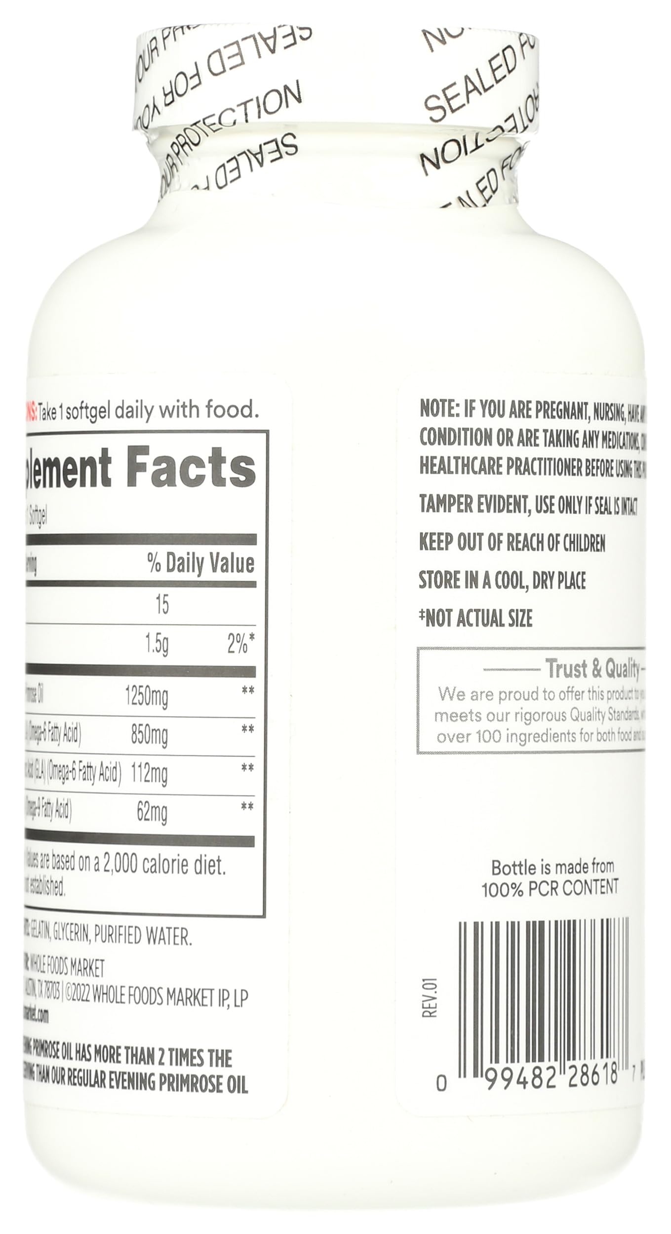 365 Whole Foods premium evening primrose oil 120 softgels supplement facts label