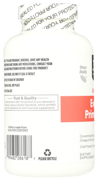 365 Whole Foods evening primrose oil bottle showing omega six gamma linolenic acid details