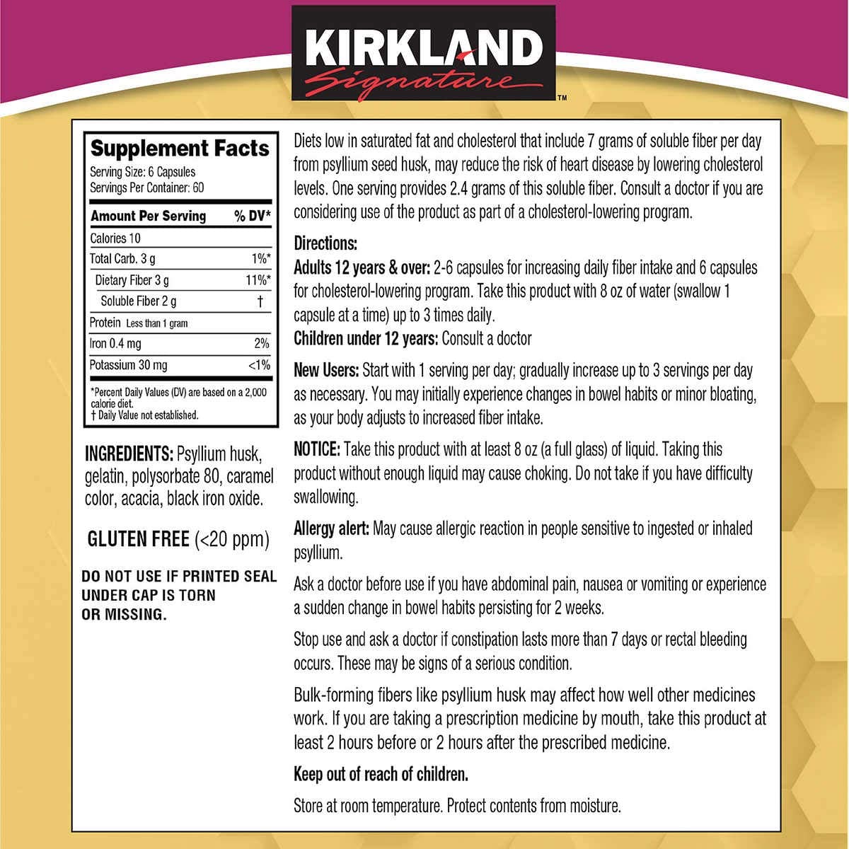 Close up of Kirkland Signature Psyllium Fiber 100 percent natural capsules packaging