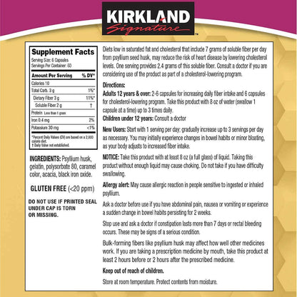 Close up of Kirkland Signature Psyllium Fiber 100 percent natural capsules packaging