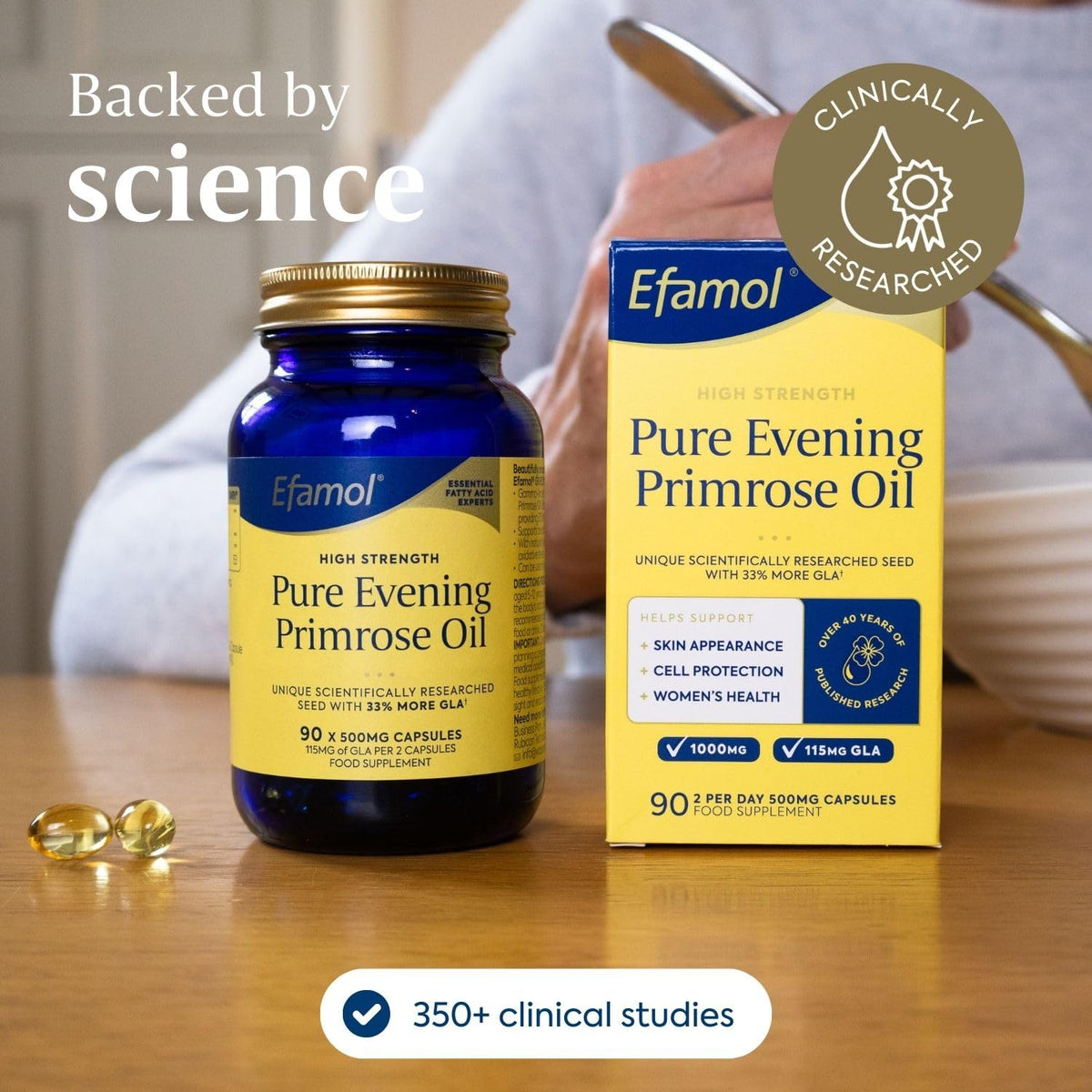 Efamol pure evening primrose oil capsules showing product description and directions