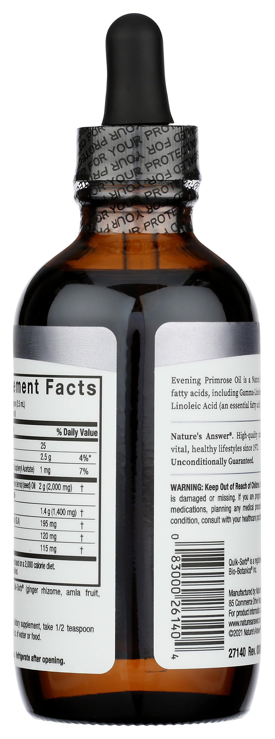 Nature's Answer cold pressed evening primrose oil liquid nutritional facts label