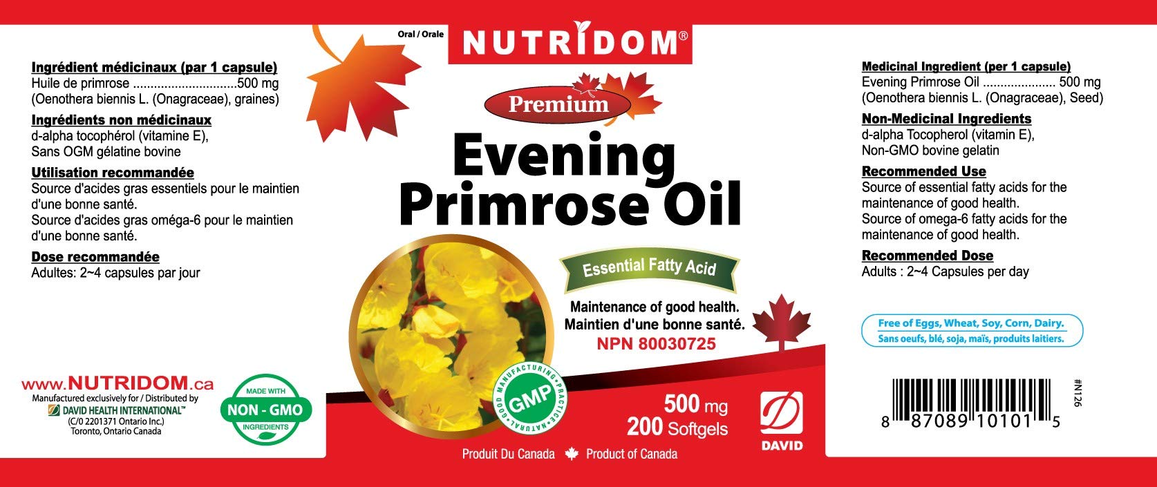 Nutridom Premium Evening Primrose Oil two hundred softgels container displaying Canadian manufacturing details.