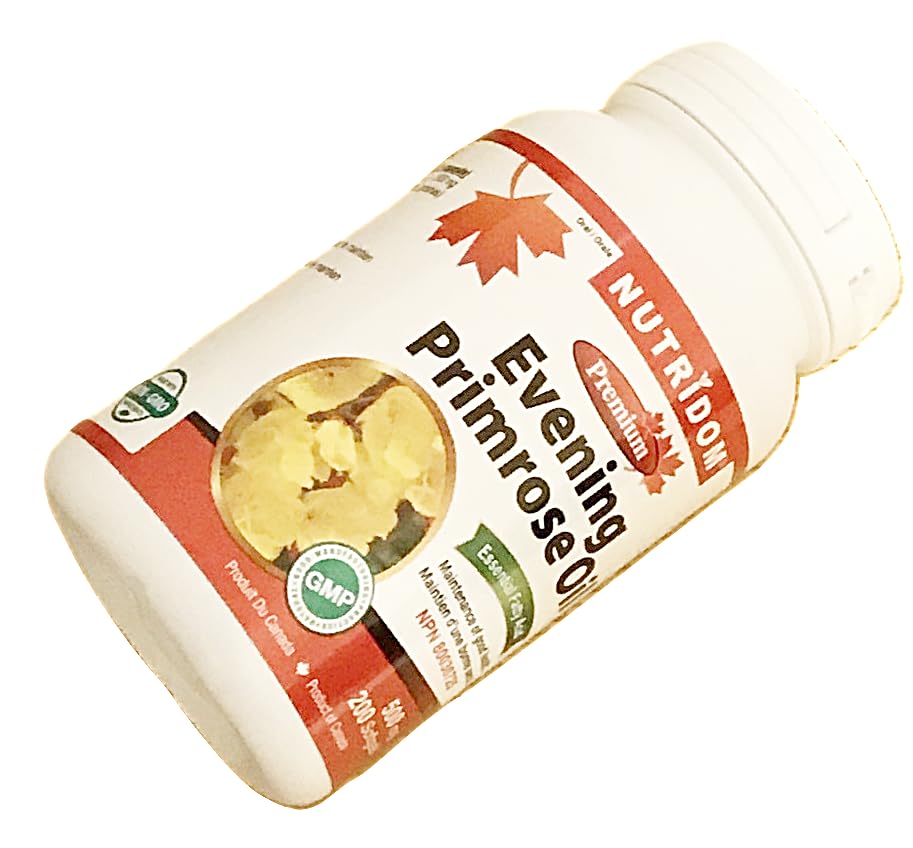 Nutridom cold pressed evening primrose oil supplement label showing pure Omega six dietary facts.