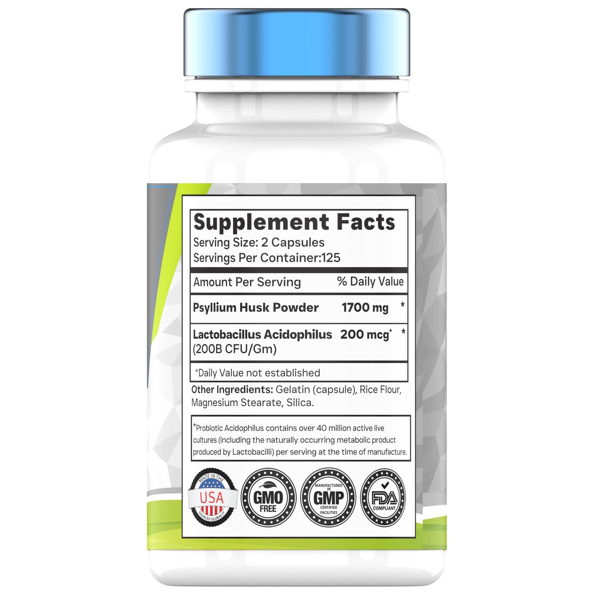Tnvitamins Psyllium Husk Capsules 1700mg supplement facts label