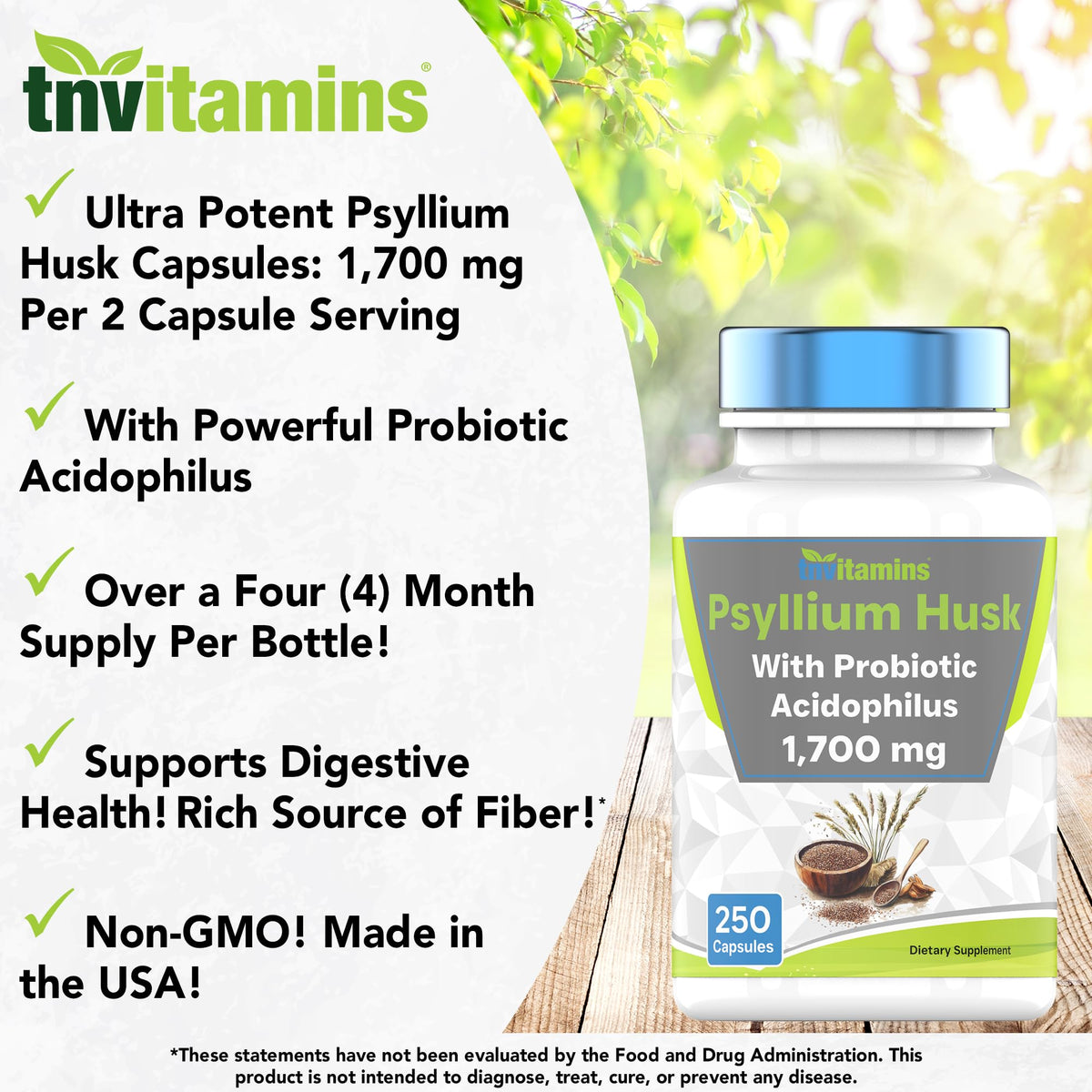 Tnvitamins Psyllium Husk dietary fiber supplement bottle