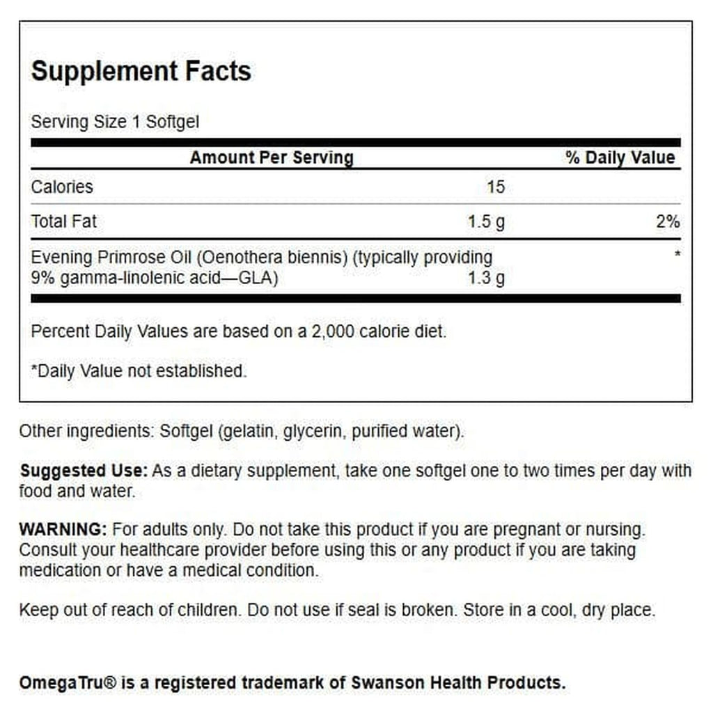 Swanson OmegaTru Evening Primrose Oil supplement facts and ingredient label details