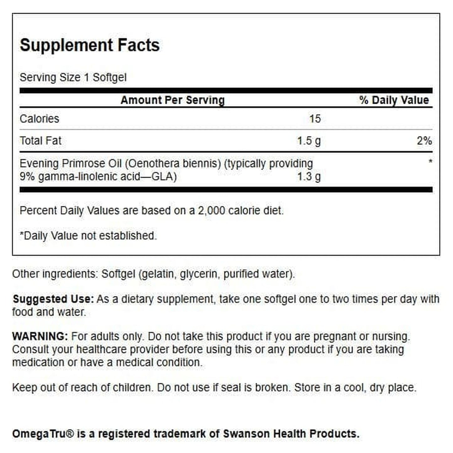 Swanson OmegaTru Evening Primrose Oil supplement facts and ingredient label details