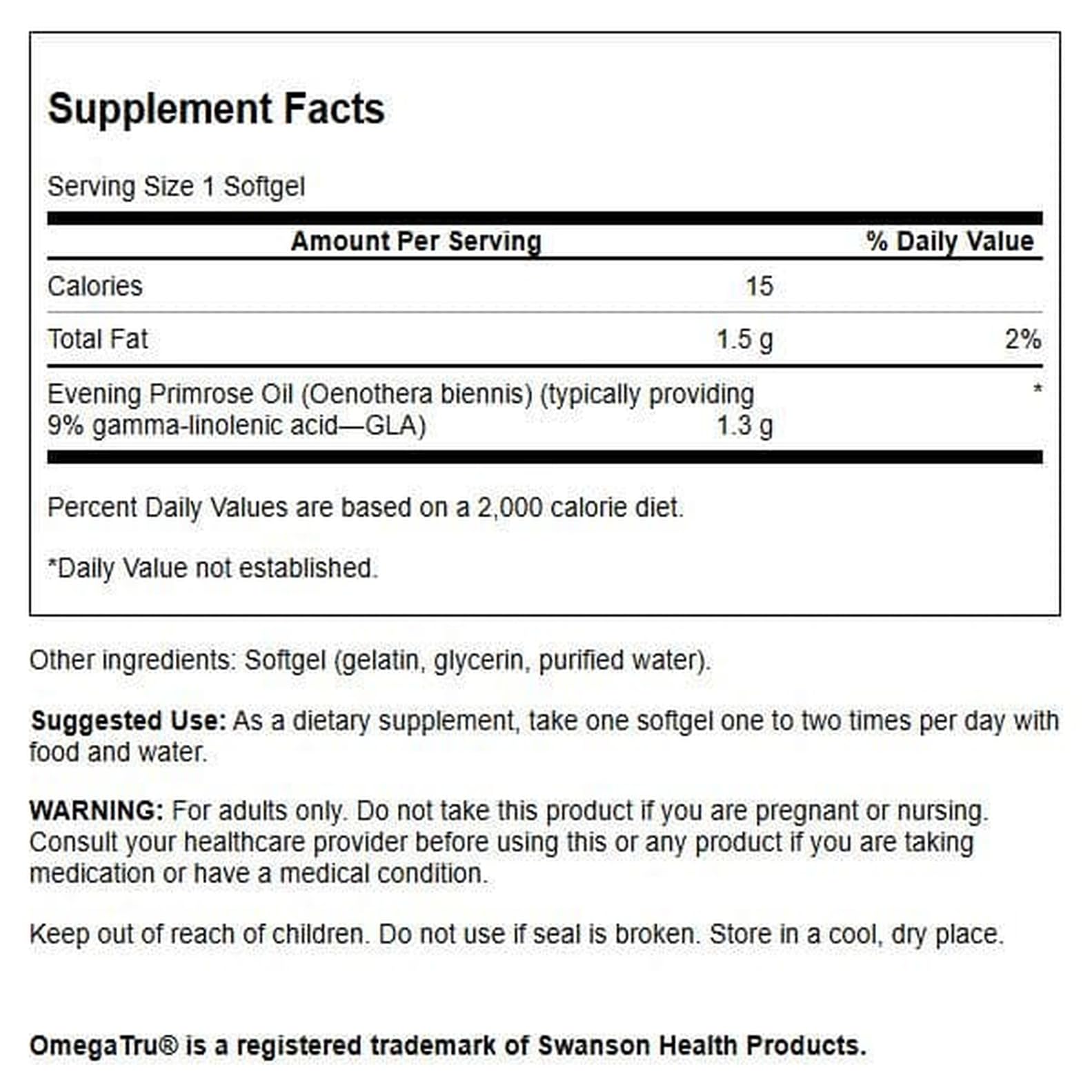 Swanson OmegaTru Evening Primrose Oil supplement facts and ingredient label details