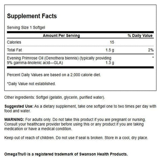 Swanson OmegaTru Evening Primrose Oil supplement facts and ingredient label details