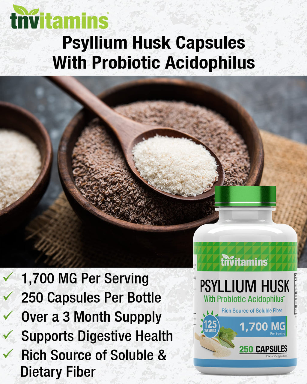 Tnvitamins Psyllium Husk Capsules daily fiber support