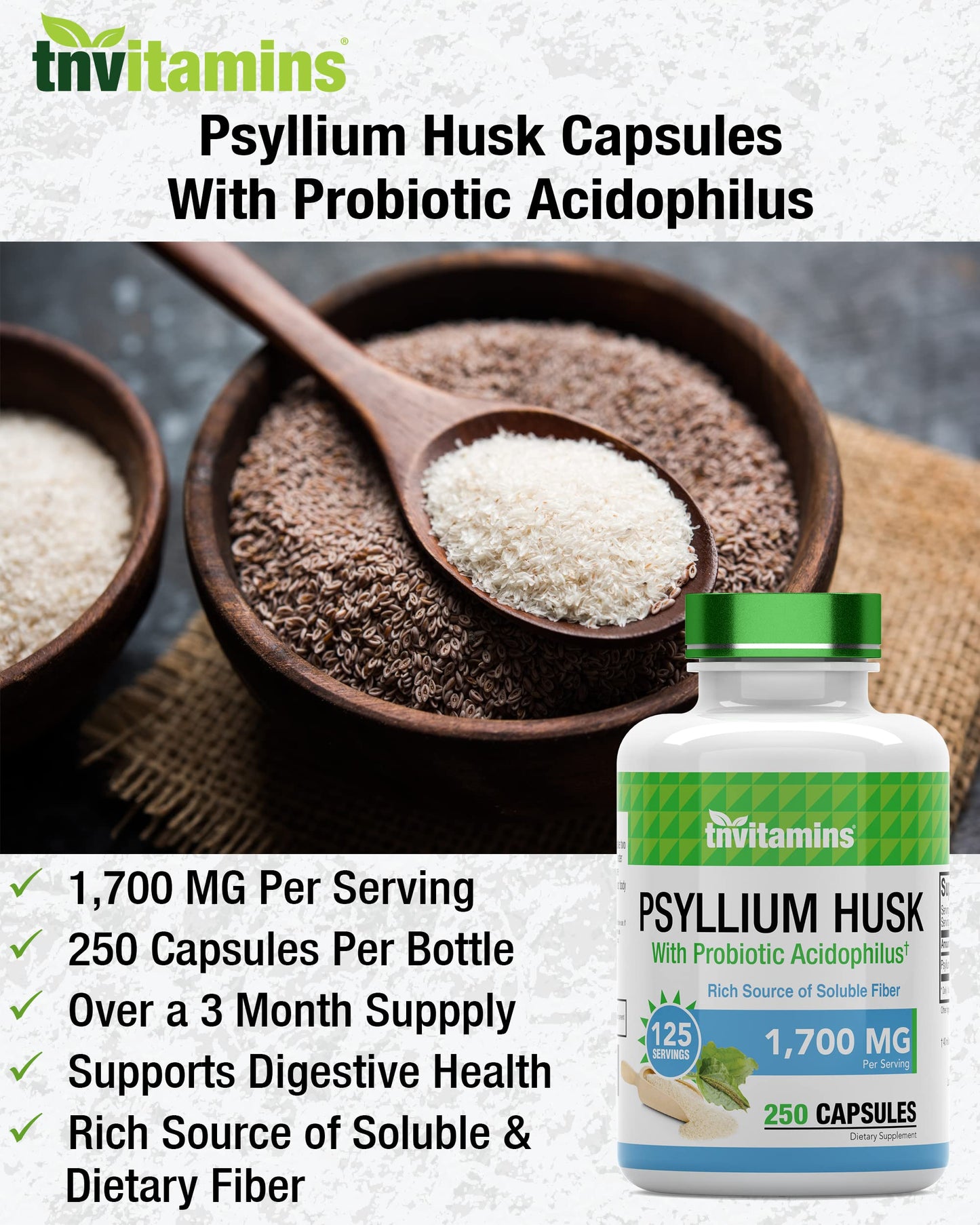 Tnvitamins Psyllium Husk Capsules daily fiber support