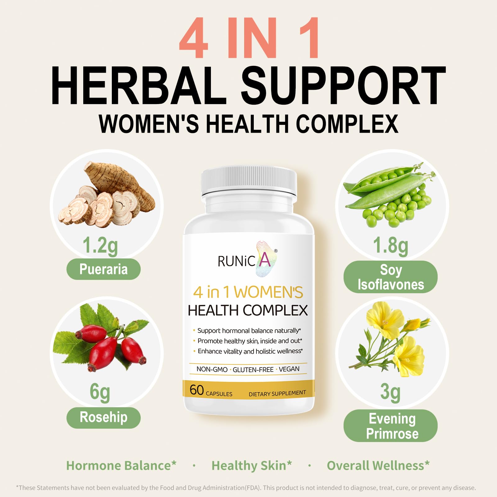 RUNICA menopause relief supplement bottle with soy isoflavones ingredient list