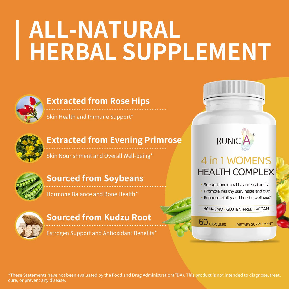 RUNICA evening primrose and rosehip hormone balancing formula side label