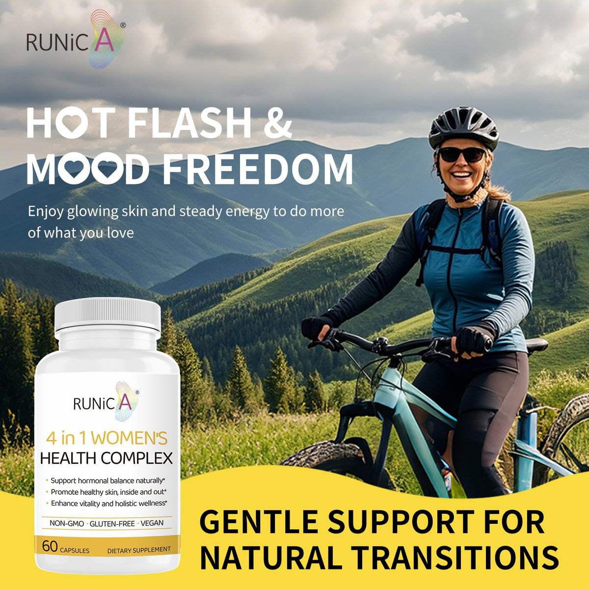 RUNICA non GMO gluten free hormone stabilization capsules close up view