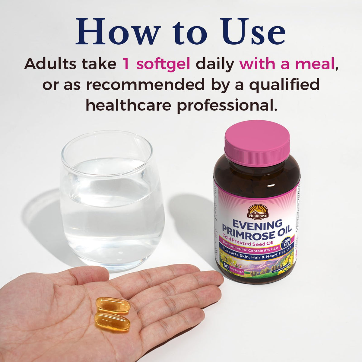 Authentic Vitalitown evening primrose oil capsule details and allergen free warnings