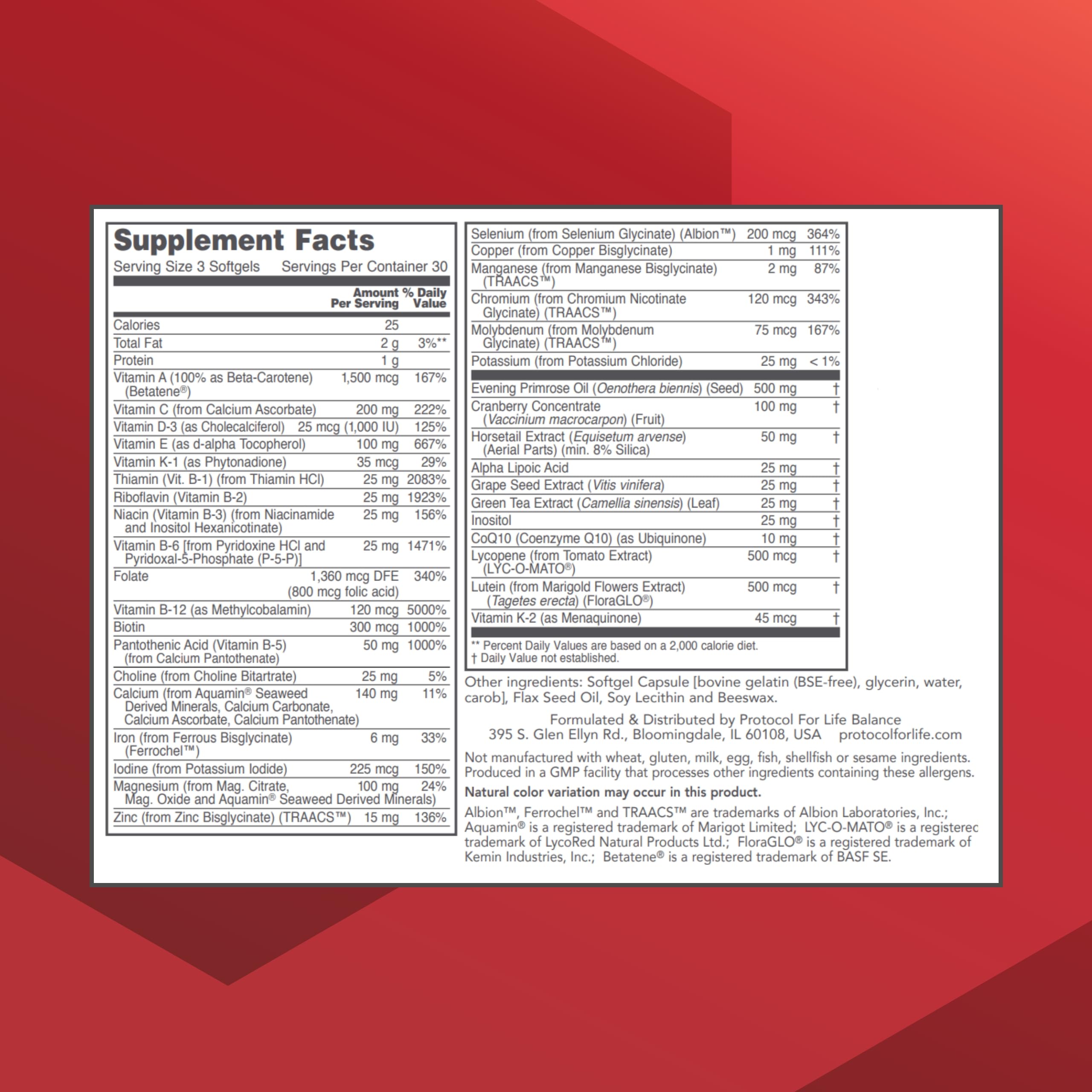 Protocol For Life Balance Ortho Multi For Women supplement facts and ingredients label