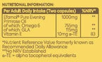 Close up of the botanical supplement container displaying rigel seed oil extract facts.