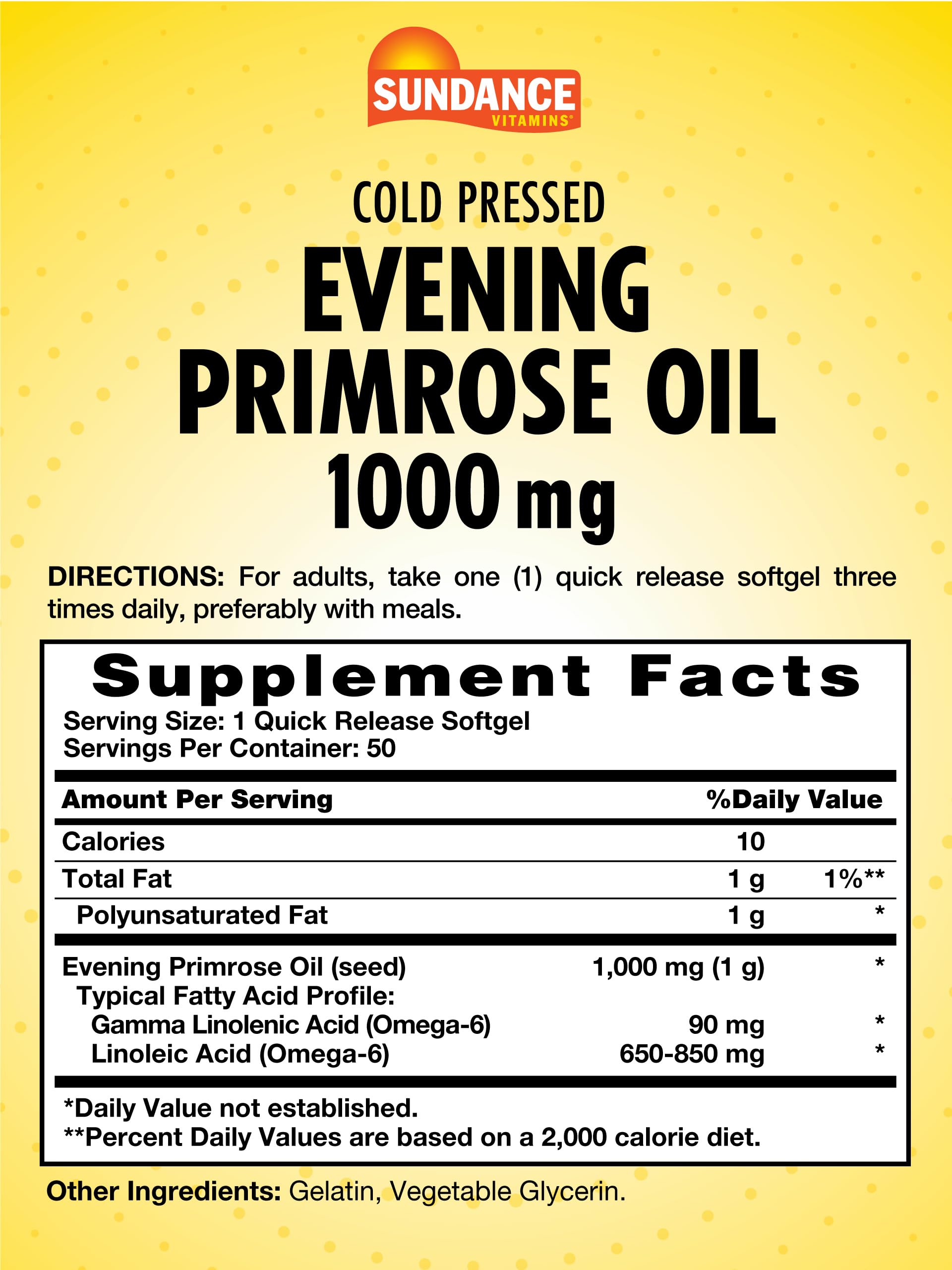 Sundance Vitamins cold pressed evening primrose oil capsules dietary supplement nutrition label