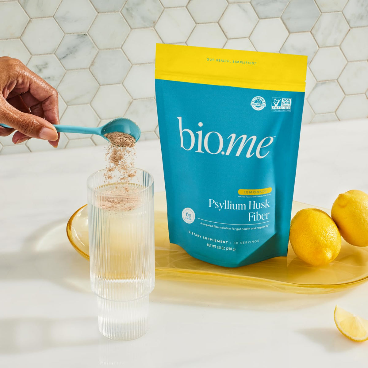 Side profile of Bio.me Psyllium Husk Fiber 9.5 ounce pouch