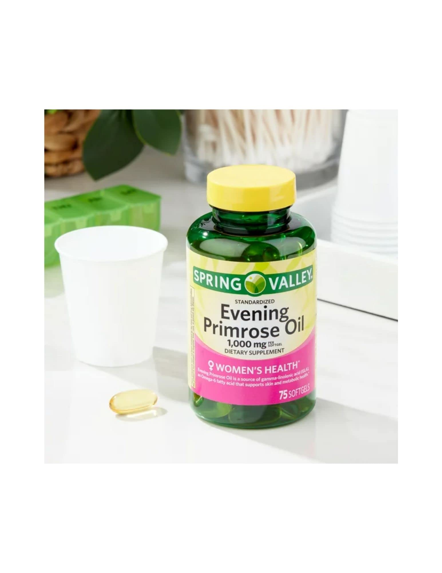 Side angle view of imported Spring Valley evening primrose oil dietary supplement showing non-GMO and gluten-free certifications.