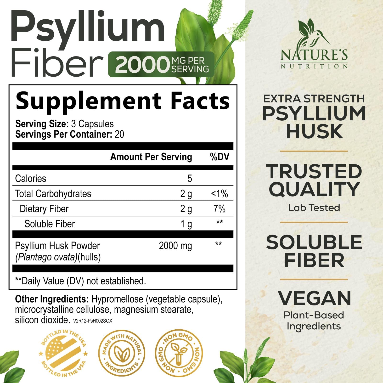 Natures Nutrition Psyllium Husk dietary supplement bottle label