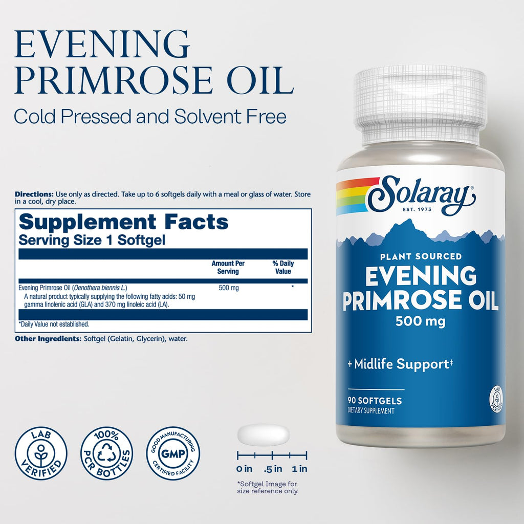 Solaray Evening Primrose Oil 90 softgels packaging showing supplement facts