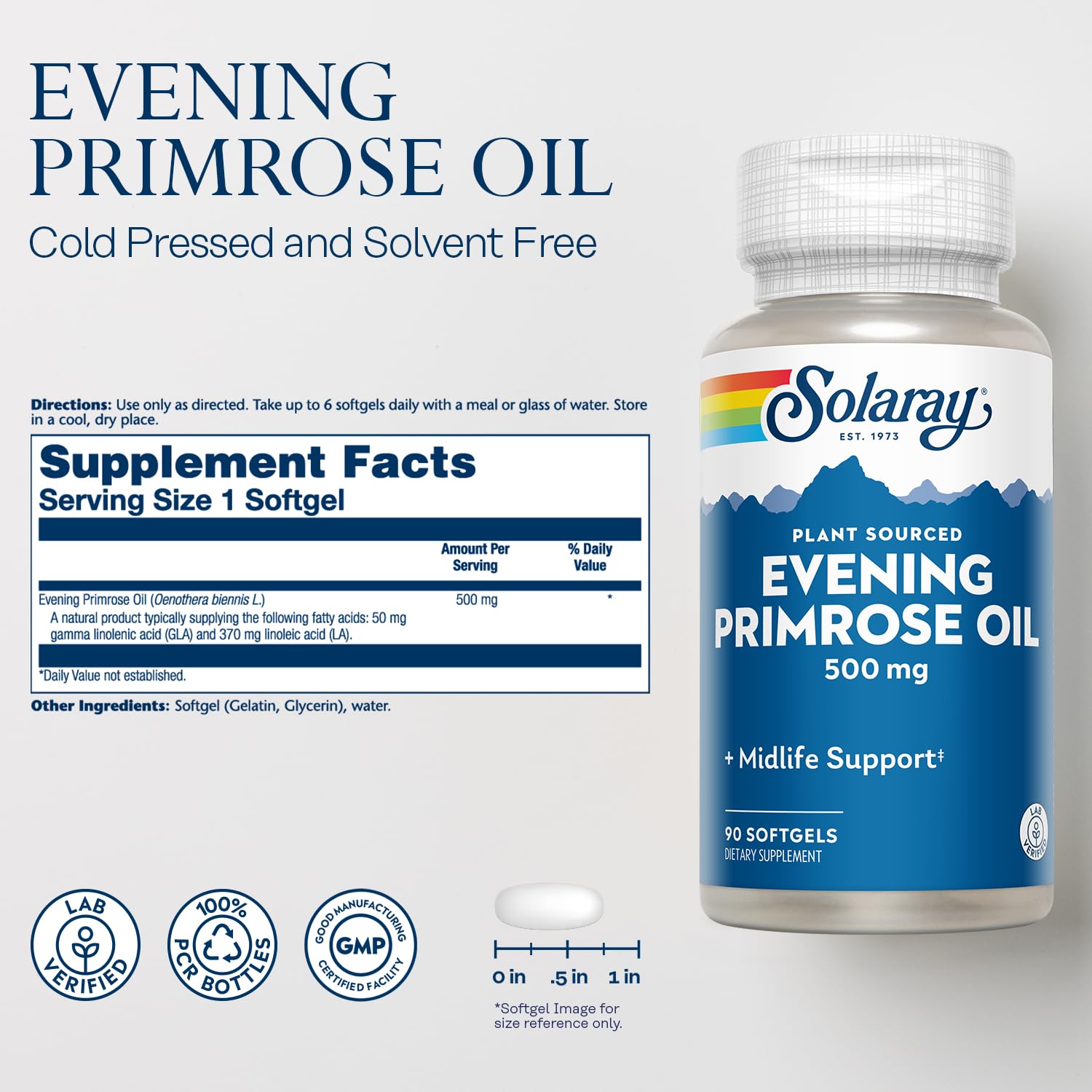 Solaray Evening Primrose Oil 90 softgels packaging showing supplement facts