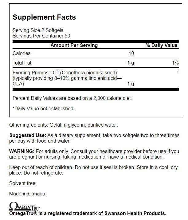 Swanson OmegaTru cold-pressed evening primrose oil 100 softgels label details