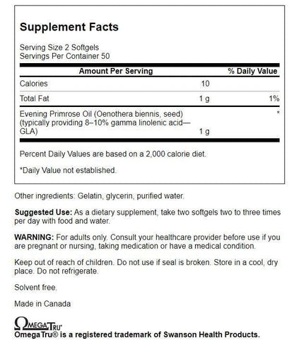 Swanson OmegaTru cold-pressed evening primrose oil 100 softgels label details