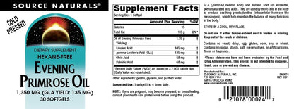 Source Naturals 1350mg evening primrose oil dosage and safety instructions side label