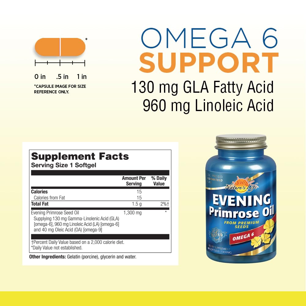 Nature's Life Evening Primrose Oil 60 softgels dietary supplement supplement facts label detail
