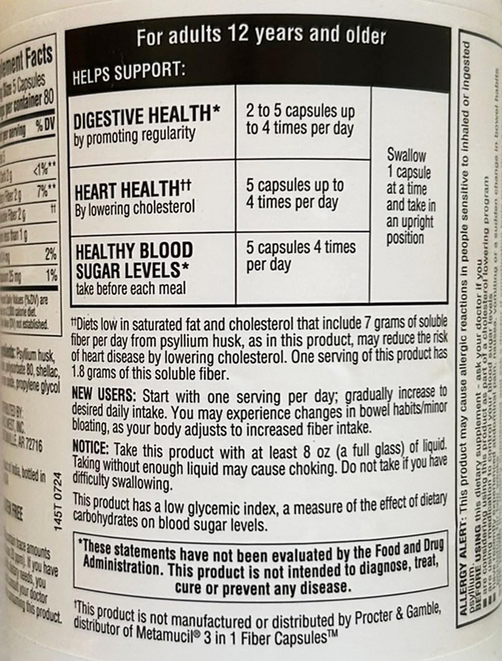 Back label of Members Mark psyllium husk capsules showing ingredients