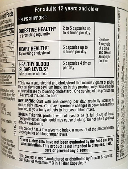 Back label of Members Mark psyllium husk capsules showing ingredients