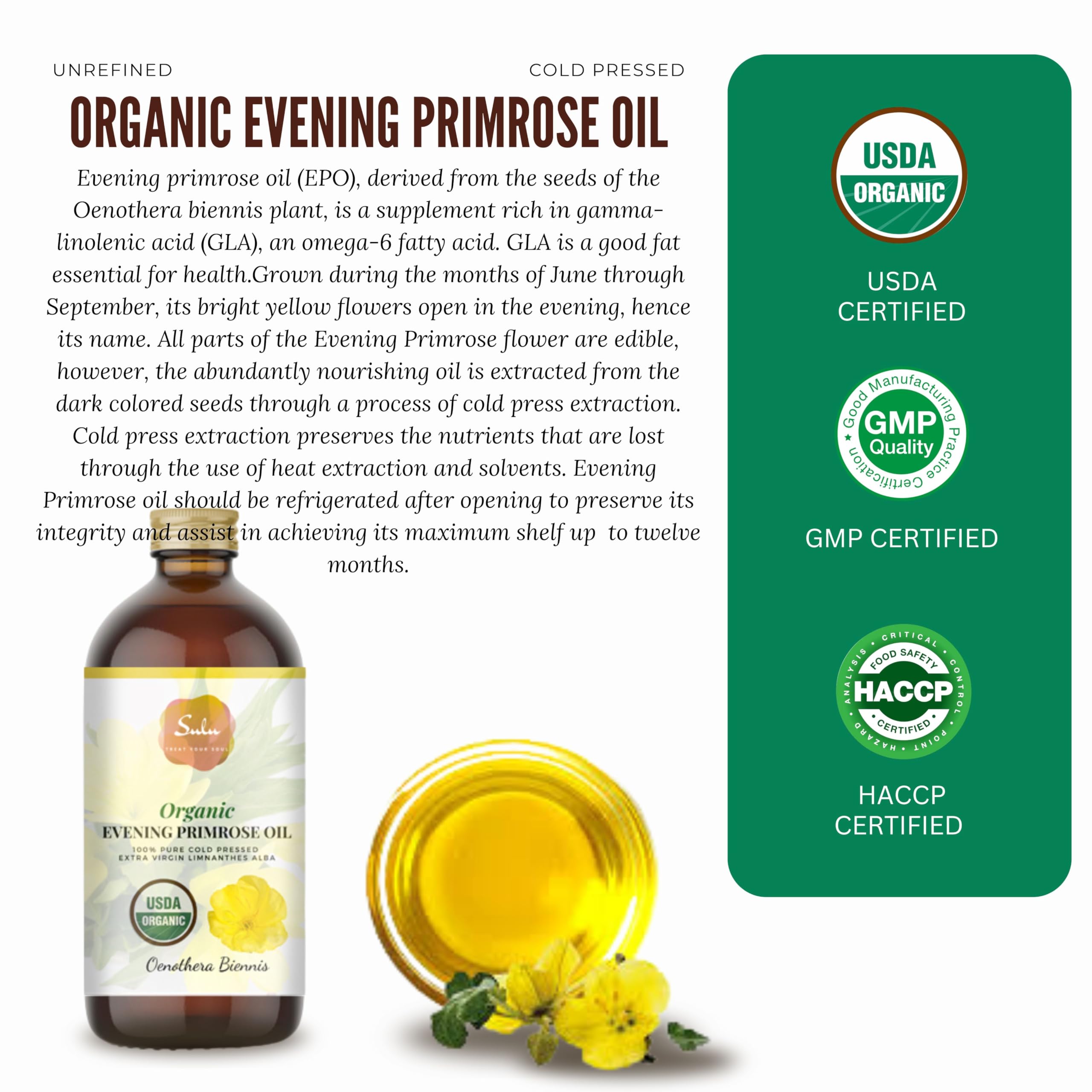 Sulu Organics cold pressed virgin evening primrose oil unrefined formula liquid texture demonstration