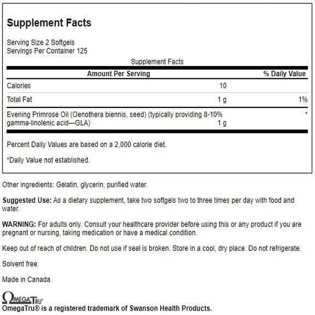 Swanson Evening Primrose Oil supplement facts label showing gamma linolenic acid ingredients