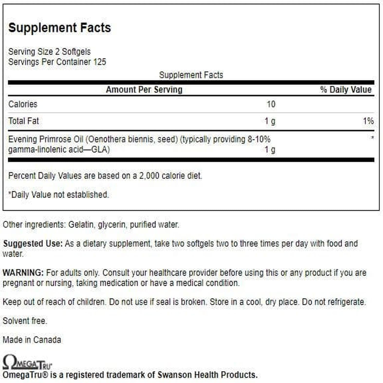 Swanson Evening Primrose Oil supplement facts label showing gamma linolenic acid ingredients