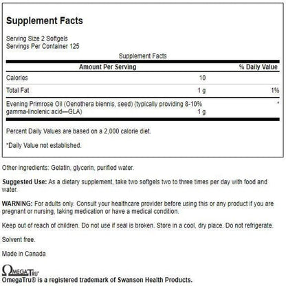 Swanson Evening Primrose Oil supplement facts label showing gamma linolenic acid ingredients