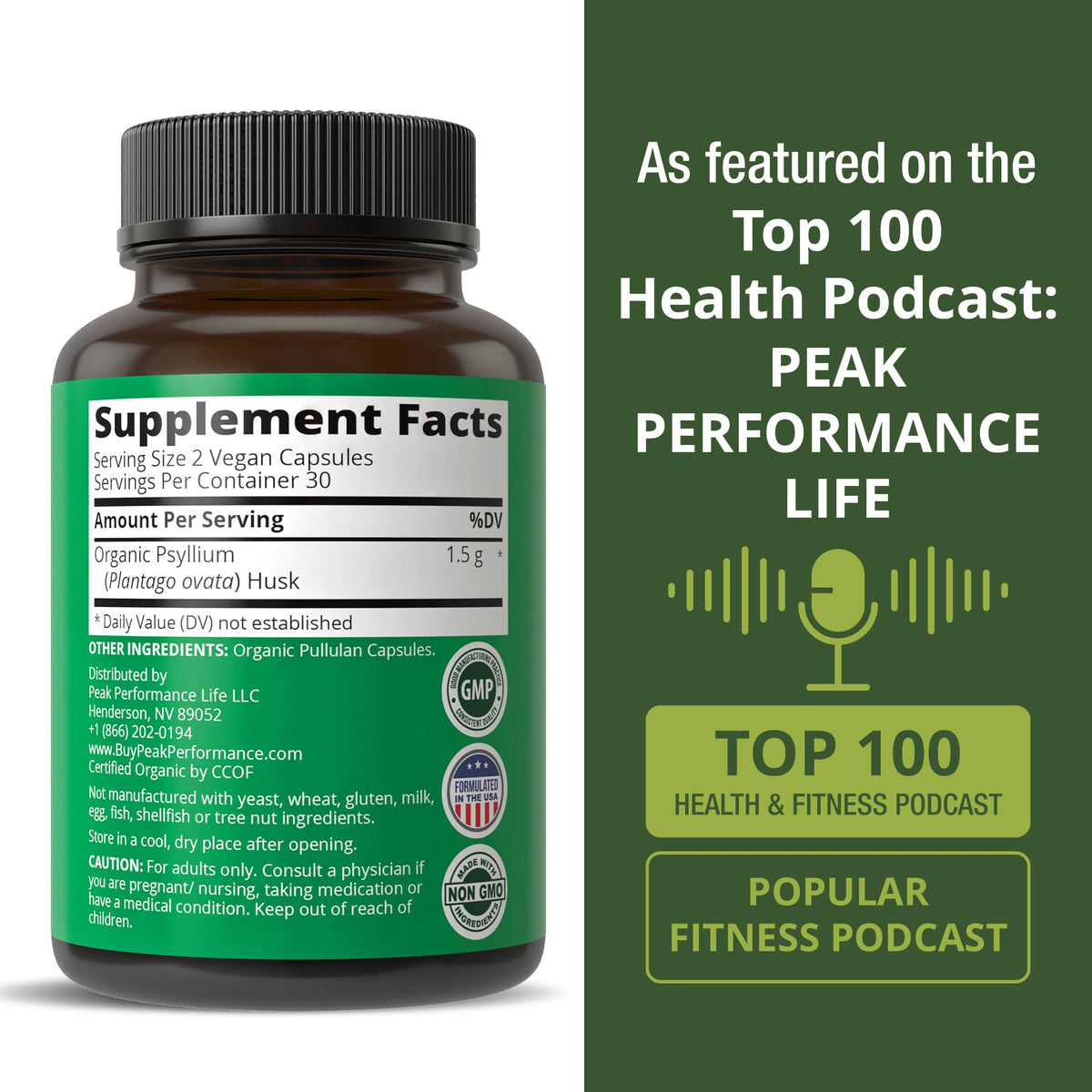 Peak Performance organic psyllium husk side label ingredients