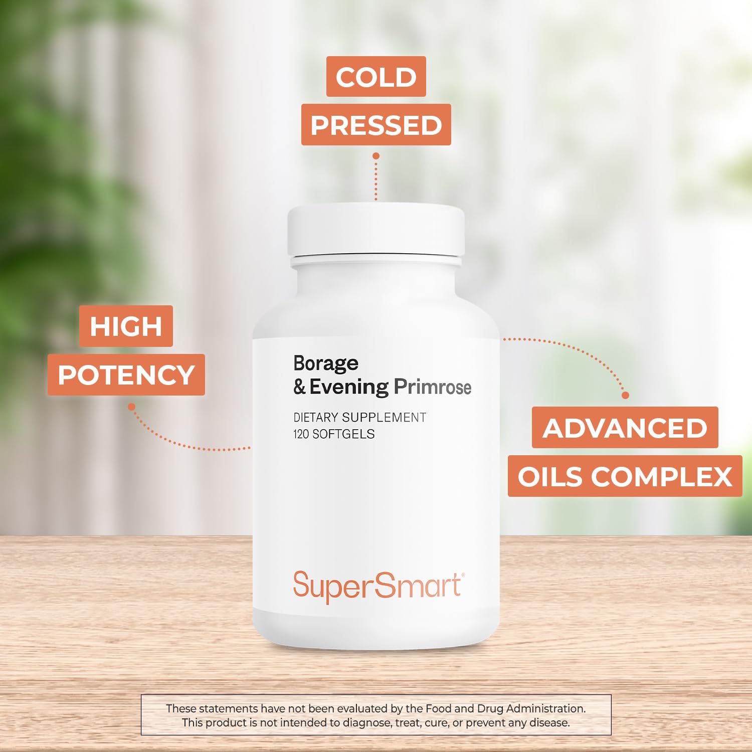 Supersmart high potency GLA omega six capsule bottle showing ingredients and cold pressed claims