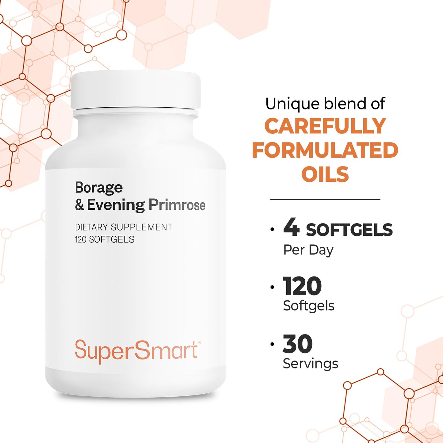Side view text detailing nutritional information for Supersmart cold pressed gamma linolenic acid